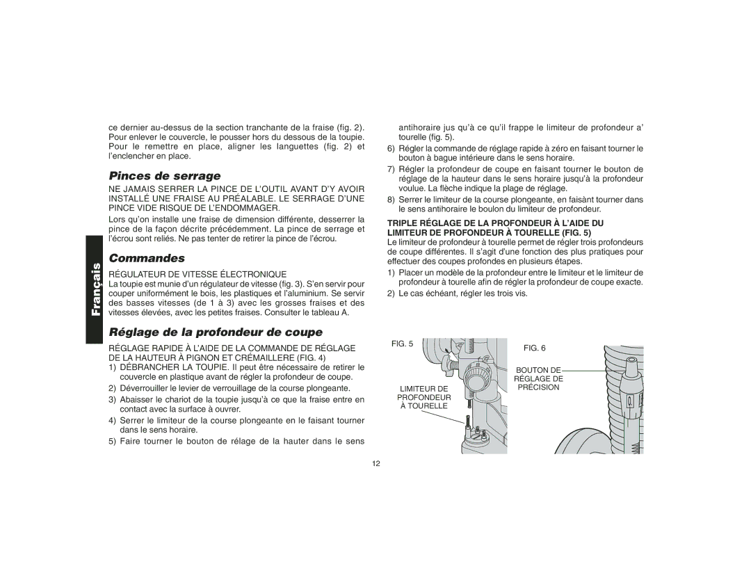 Epson DW621 manual Pinces de serrage, Commandes, Réglage de la profondeur de coupe 