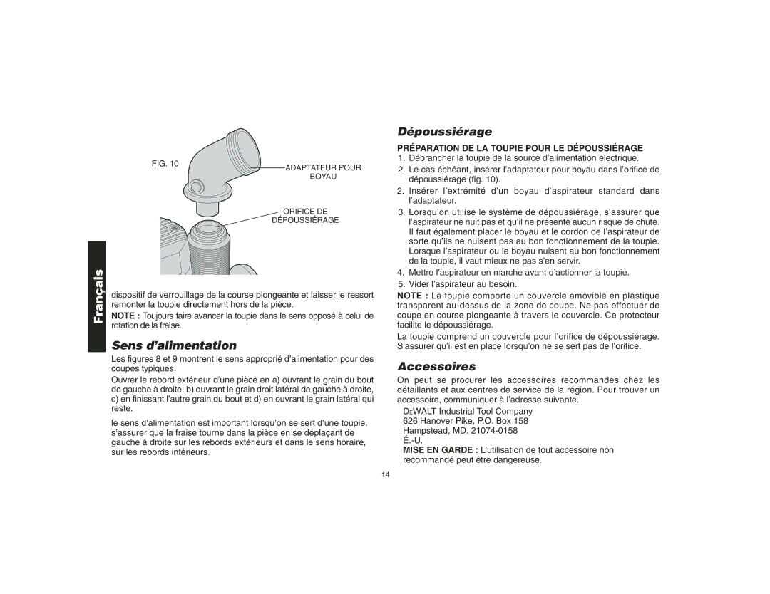 Epson DW621 manual Sens d’alimentation, Accessoires, Préparation DE LA Toupie Pour LE Dépoussiérage 