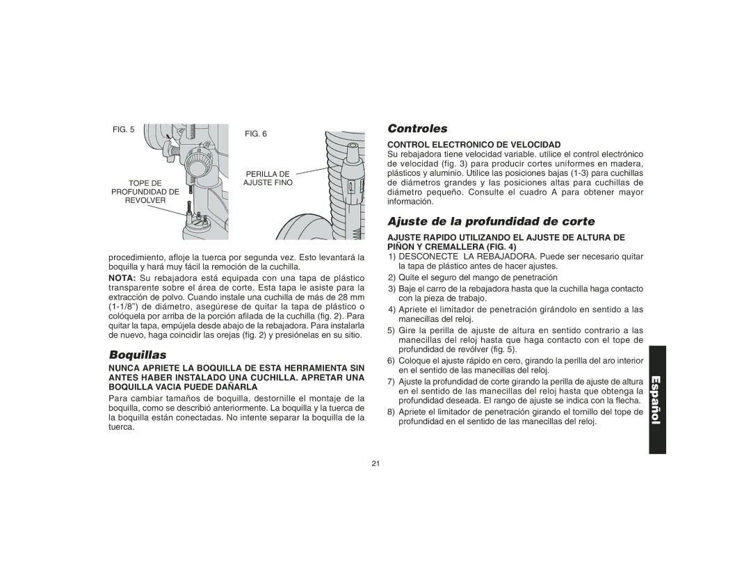 Epson DW621 manual Controles, Ajuste de la profundidad de corte, Boquillas, Control Electronico DE Velocidad 