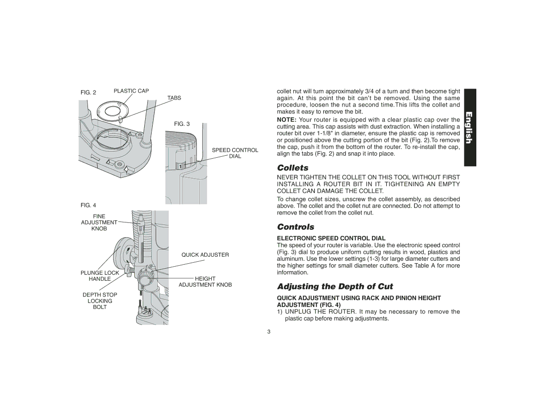 Epson DW621 manual Collets, Controls, Adjusting the Depth of Cut, Electronic Speed Control Dial 