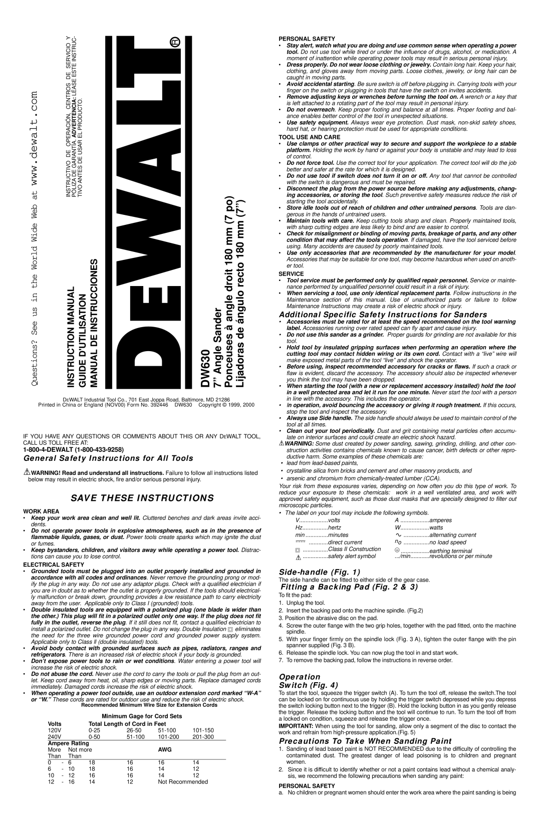 Epson DW630 instruction manual General Safety Instructions for All Tools, Side-handle Fig, Fitting a Backing Pad 