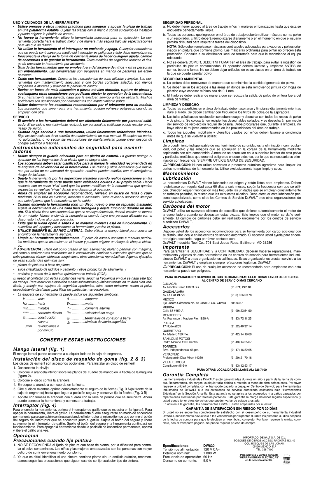 Epson DW630 Instrucciones adicionales de seguridad para esmeri- ladoras, Mango lateral fig, Interruptor Fig, Limpieza 