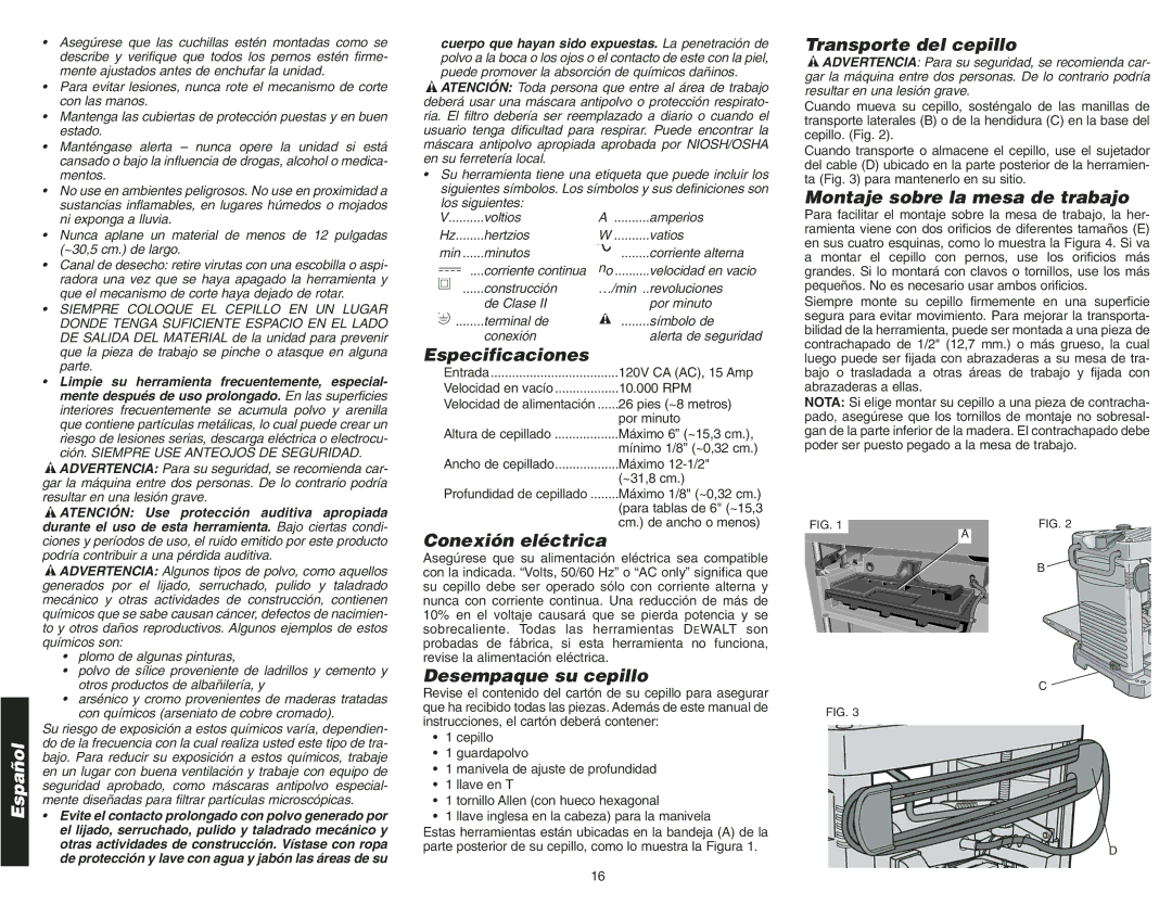 Epson DW734 instruction manual Especificaciones, Conexión eléctrica, Desempaque su cepillo, Transporte del cepillo 