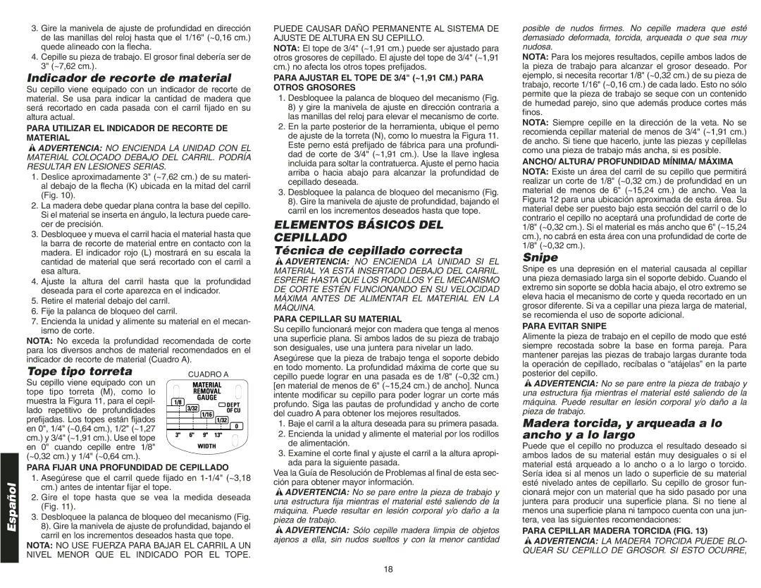 Epson DW734 instruction manual Indicador de recorte de material, Tope tipo torreta, Elementos Básicos DEL Cepillado 