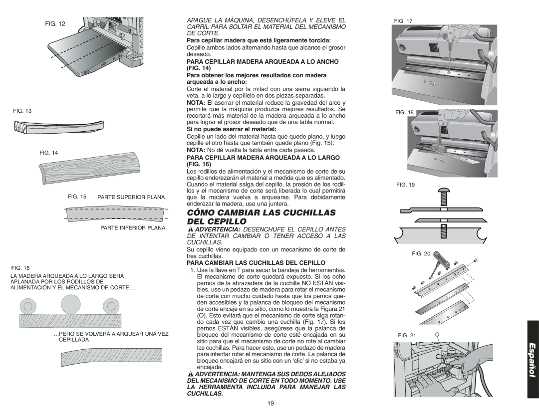 Epson DW734 instruction manual Cómo Cambiar LAS Cuchillas DEL Cepillo, Para Cepillar Madera Arqueada a LO Ancho FIG 