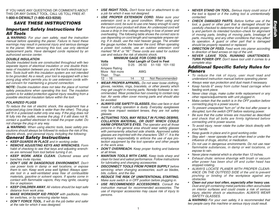 Epson DW734 Important Safety Instructions for All Tools, General Safety Instructions, Minimum Gage for Cord Sets 