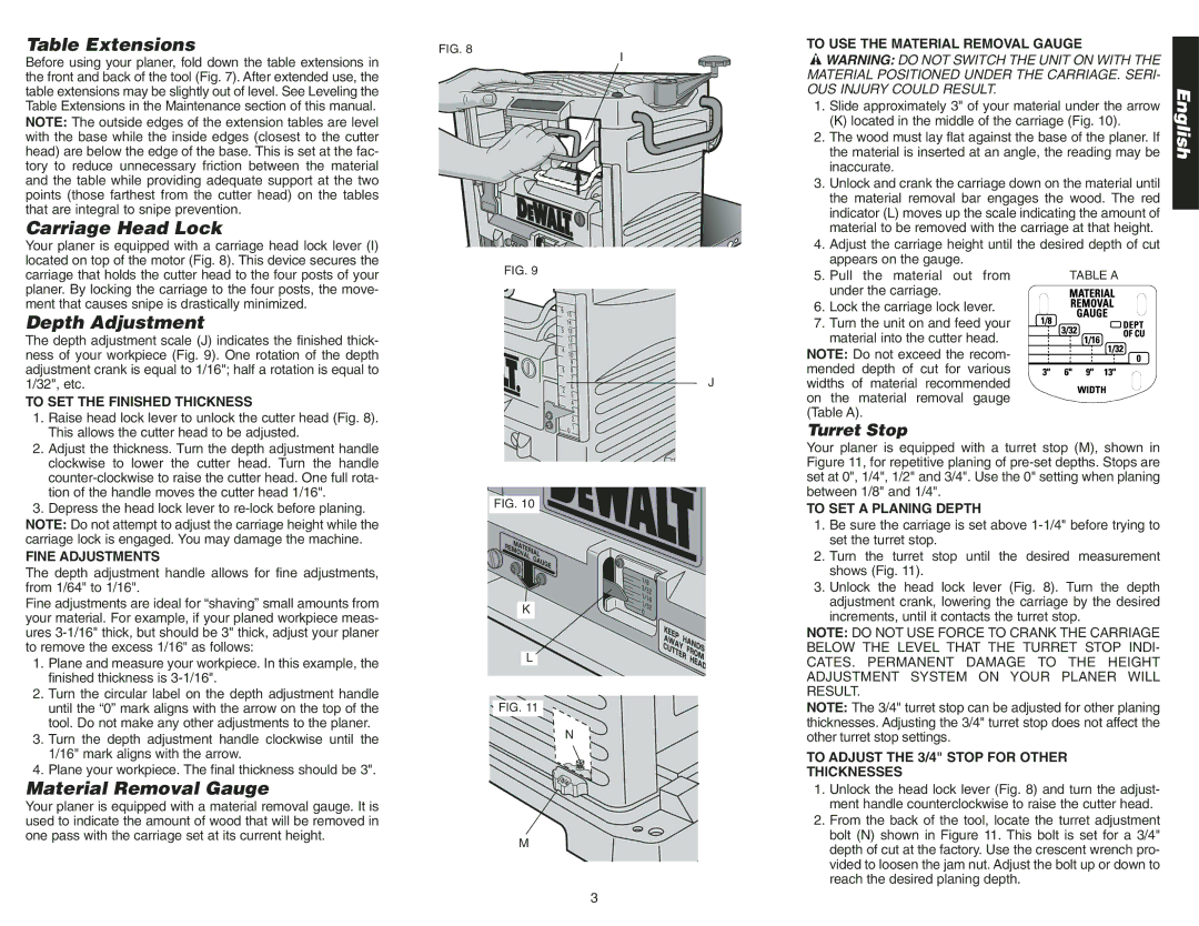 Epson DW734 instruction manual Table Extensions, Carriage Head Lock, Depth Adjustment, Material Removal Gauge 