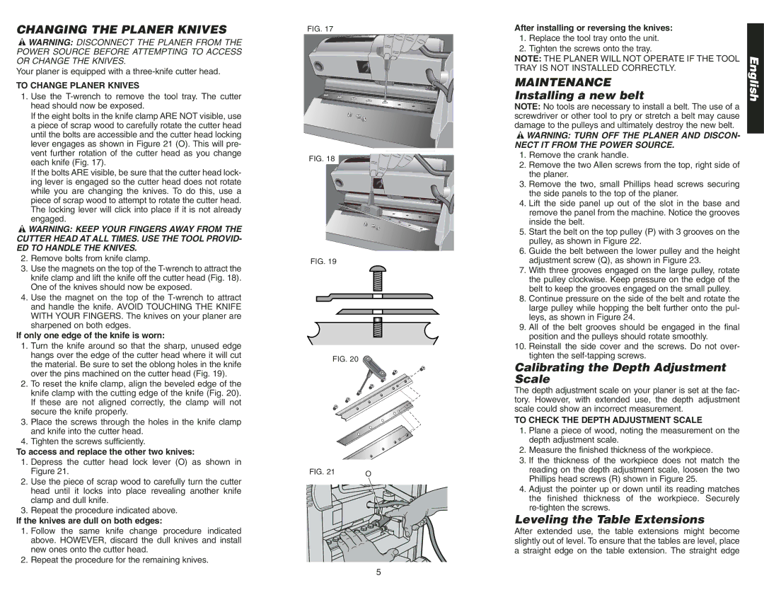 Epson DW734 Changing the Planer Knives, Maintenance, Installing a new belt, Calibrating the Depth Adjustment Scale 