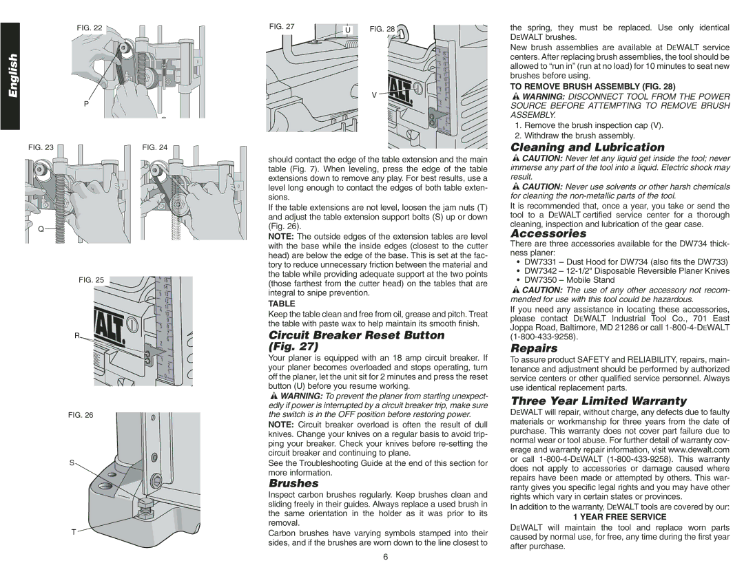 Epson DW734 instruction manual Circuit Breaker Reset Button Fig, Brushes, Cleaning and Lubrication, Accessories, Repairs 