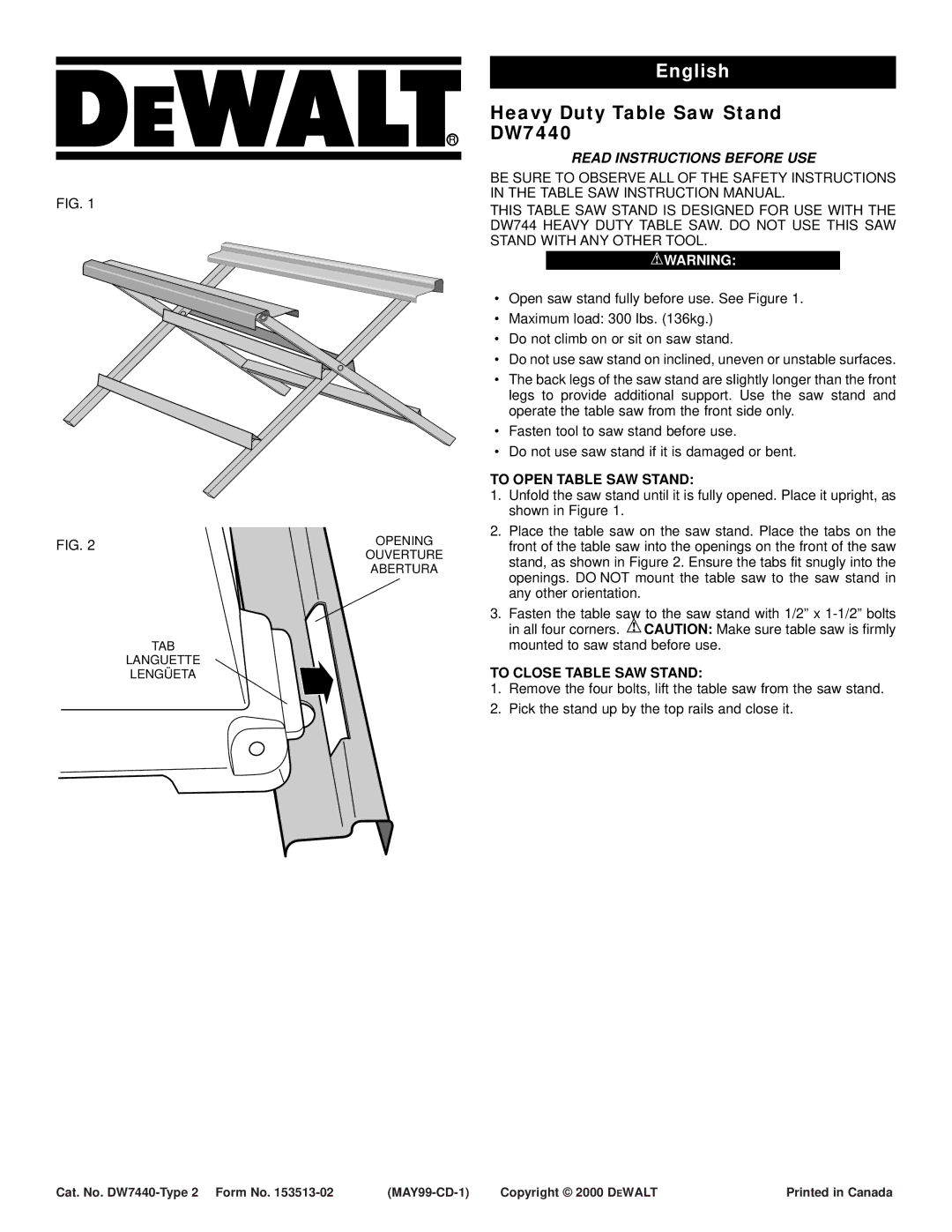 Epson DW7440 instruction manual Read Instructions Before USE, To Open Table SAW Stand, To Close Table SAW Stand 