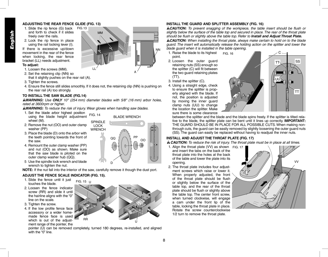 Epson DW746 instruction manual To adjust, To Install the SAW Blade, Install and Adjust the Throat Plate FIG 