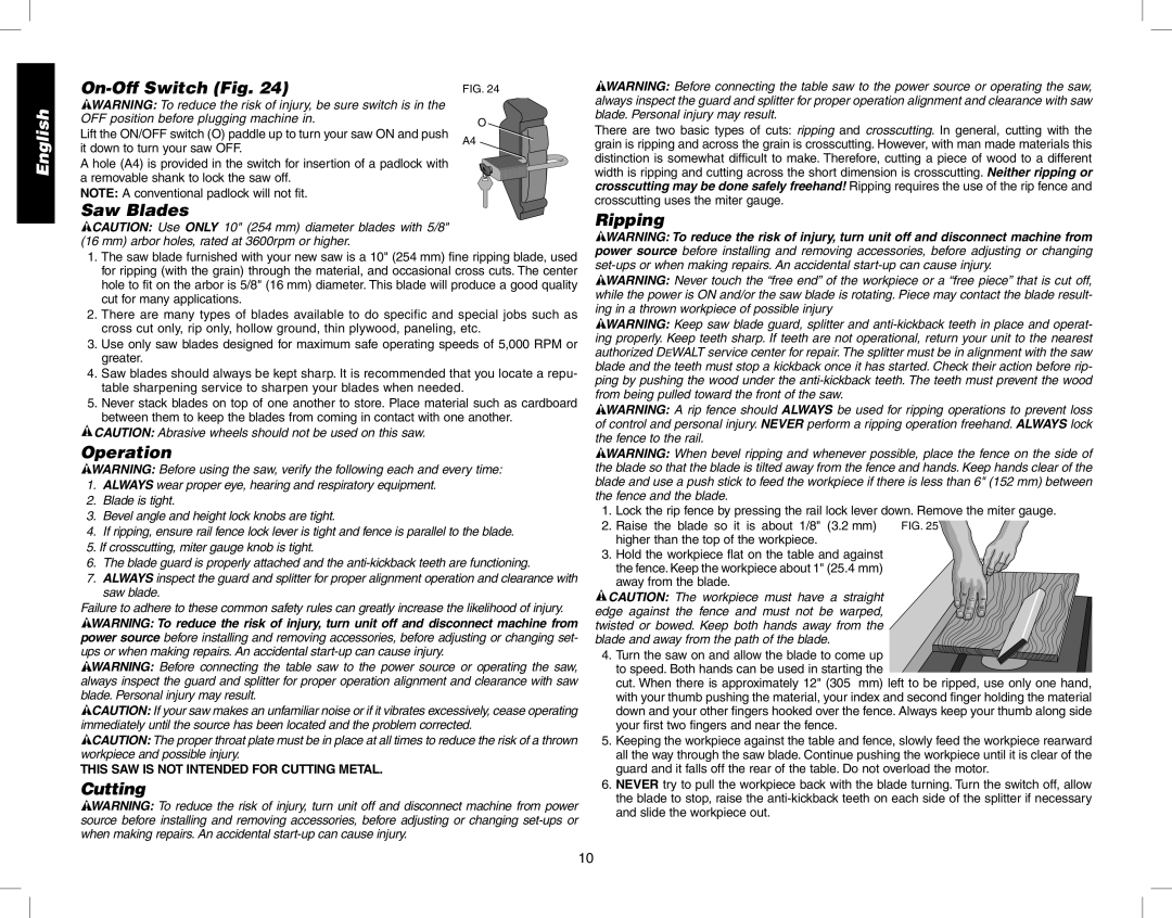 Epson DW746 instruction manual On-Off Switch Fig, Saw Blades, Operation, Cutting, Ripping 