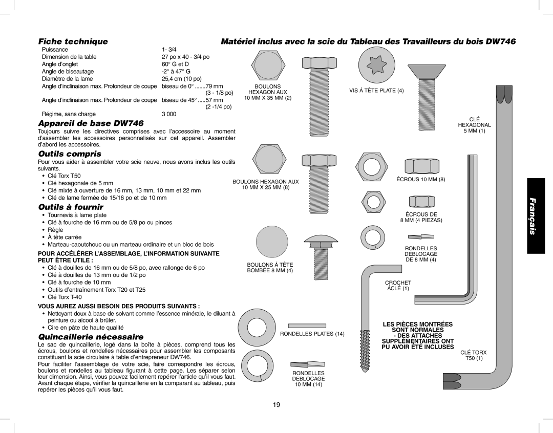 Epson instruction manual Appareil de base DW746, Outils compris, Outils à fournir, Quincaillerie nécessaire 