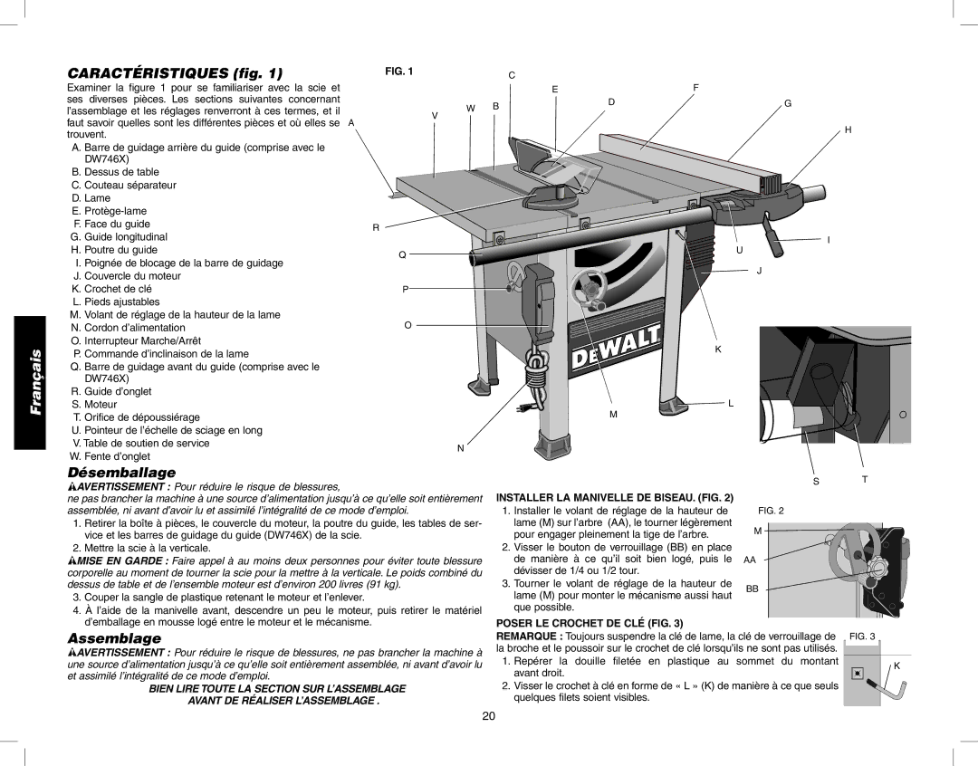 Epson DW746 instruction manual Caractéristiques fig, Désemballage, Assemblage, Installer LA Manivelle DE BISEAU. FIG 