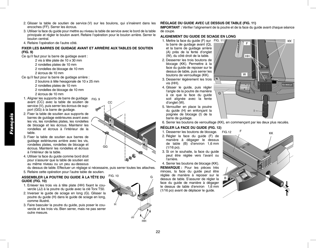 Epson DW746 instruction manual Réglage DU Guide Avec LE Dessus DE Table FIG, Alignement DU Guide DE Sciage EN Long 