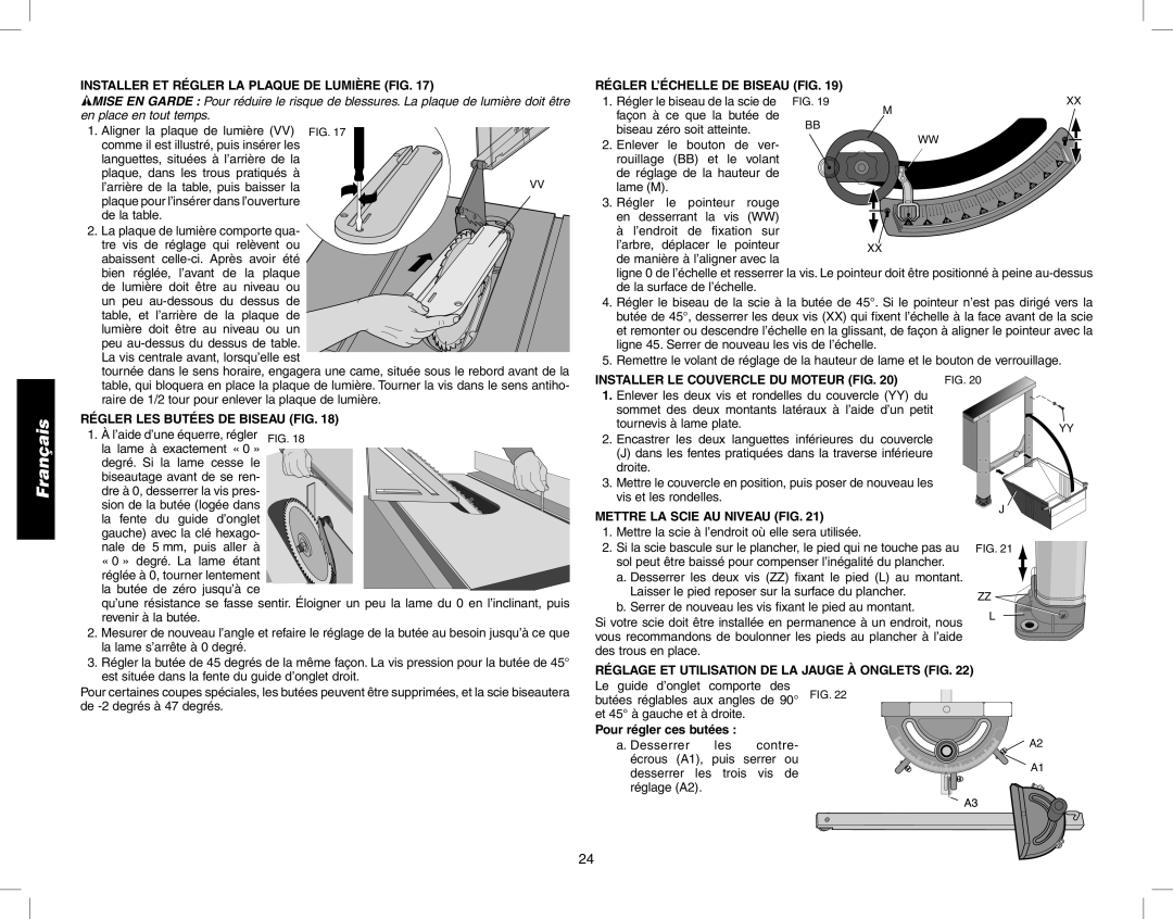 Epson DW746 Installer ET Régler LA Plaque DE Lumière FIG, Régler L’ÉCHELLE DE Biseau FIG, Mettre LA Scie AU Niveau FIG 