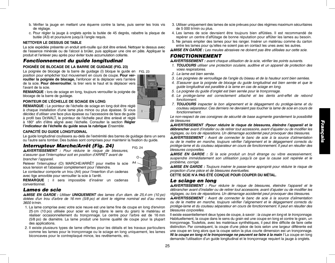 Epson DW746 Fonctionnement du guide longitudinal, Interrupteur Marche/Arrêt Fig, Lames de scie, Le sciage en long 