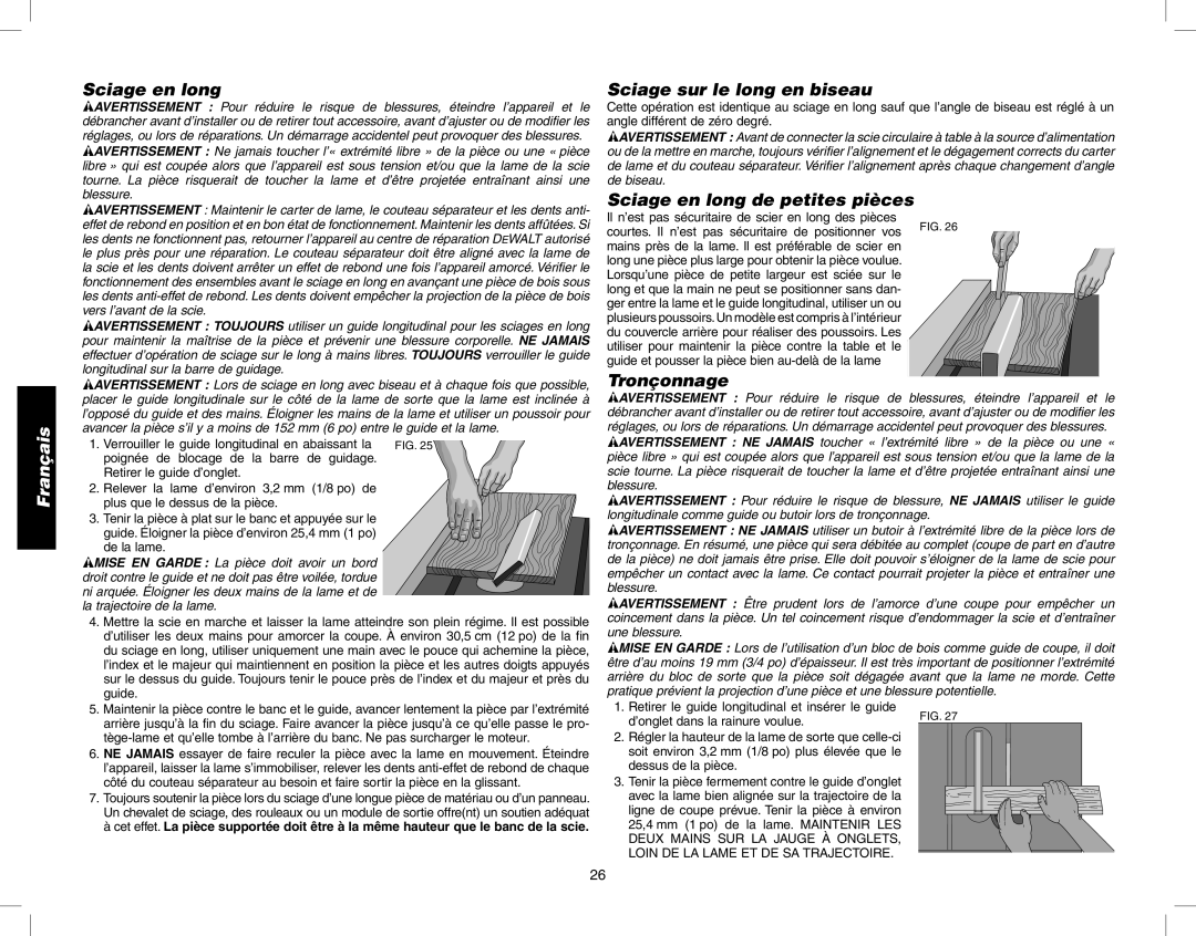 Epson DW746 instruction manual Sciage sur le long en biseau, Sciage en long de petites pièces, Tronçonnage 