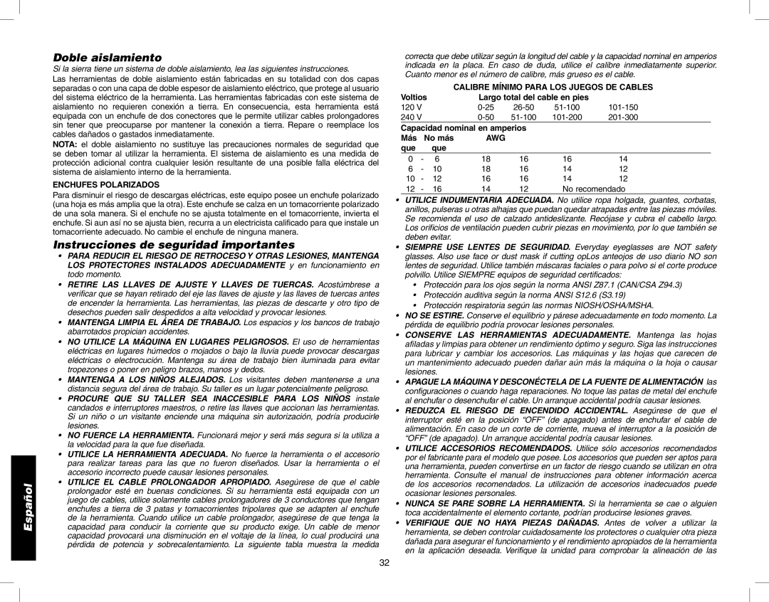 Epson DW746 instruction manual Doble aislamiento, Enchufes Polarizados, Calibre Mínimo Para LOS Juegos DE Cables 