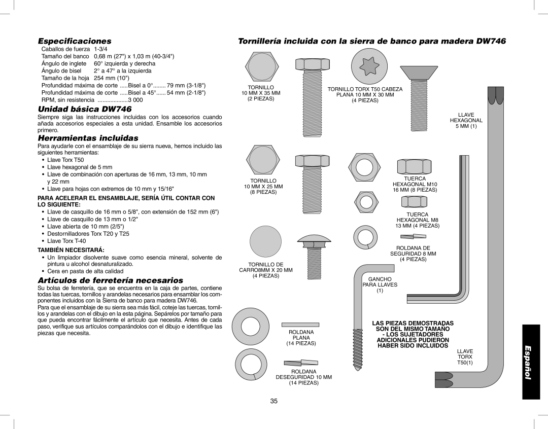 Epson Especificaciones, Unidad básica DW746, Herramientas incluidas, Artículos de ferretería necesarios 