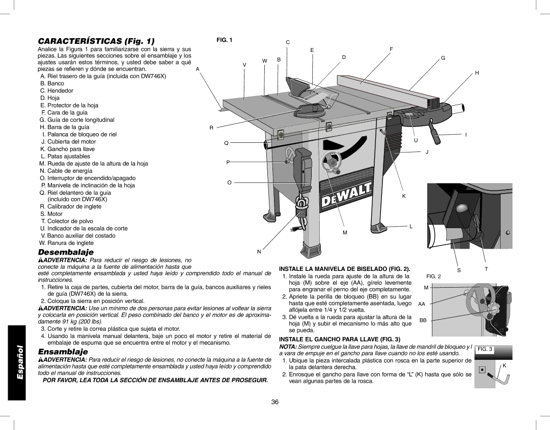 Epson DW746 instruction manual Características Fig, Desembalaje, Ensamblaje, Instale LA Manivela DE Biselado FIG 