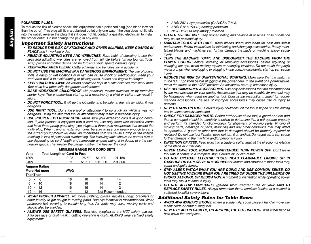 Epson DW746 instruction manual Important Safety Instructions, Additional Safety Rules for Table Saws, Polarized Plugs, Awg 