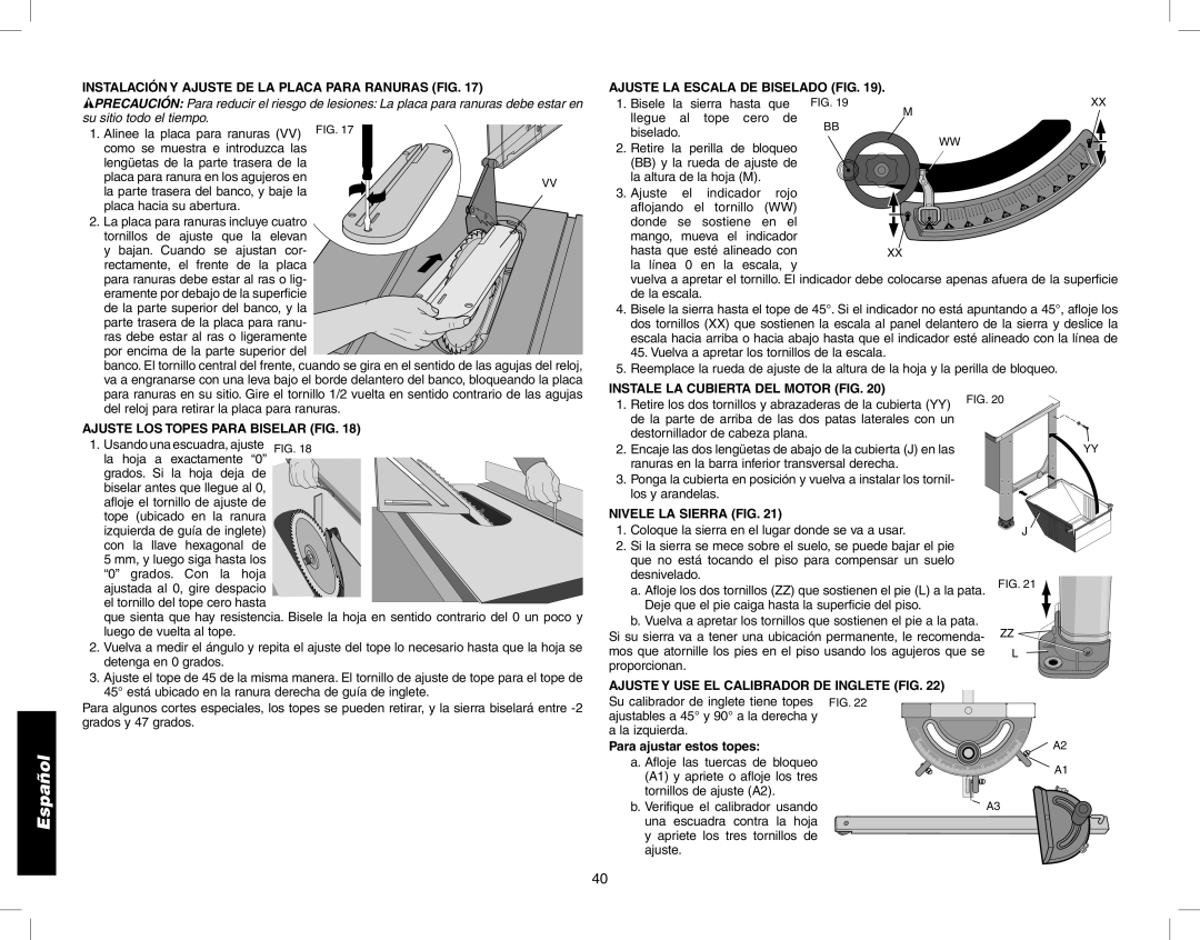 Epson DW746 Instalación Y Ajuste DE LA Placa Para Ranuras FIG, Ajuste LA Escala DE Biselado FIG, Nivele LA Sierra FIG 