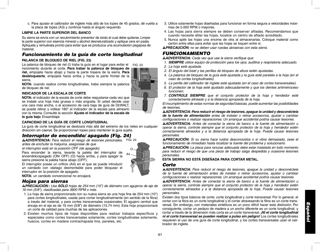 Epson DW746 Funcionamiento de la guía de corte longitudinal, Interruptor de encendido/ apagado Fig, Hojas para sierras 