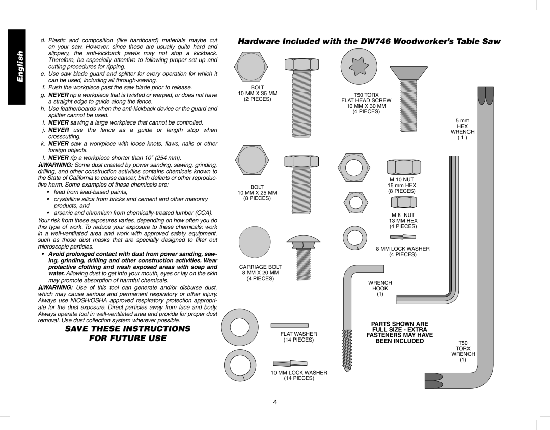 Epson instruction manual Hardware Included with the DW746 Woodworker’s Table Saw, For Future USE 