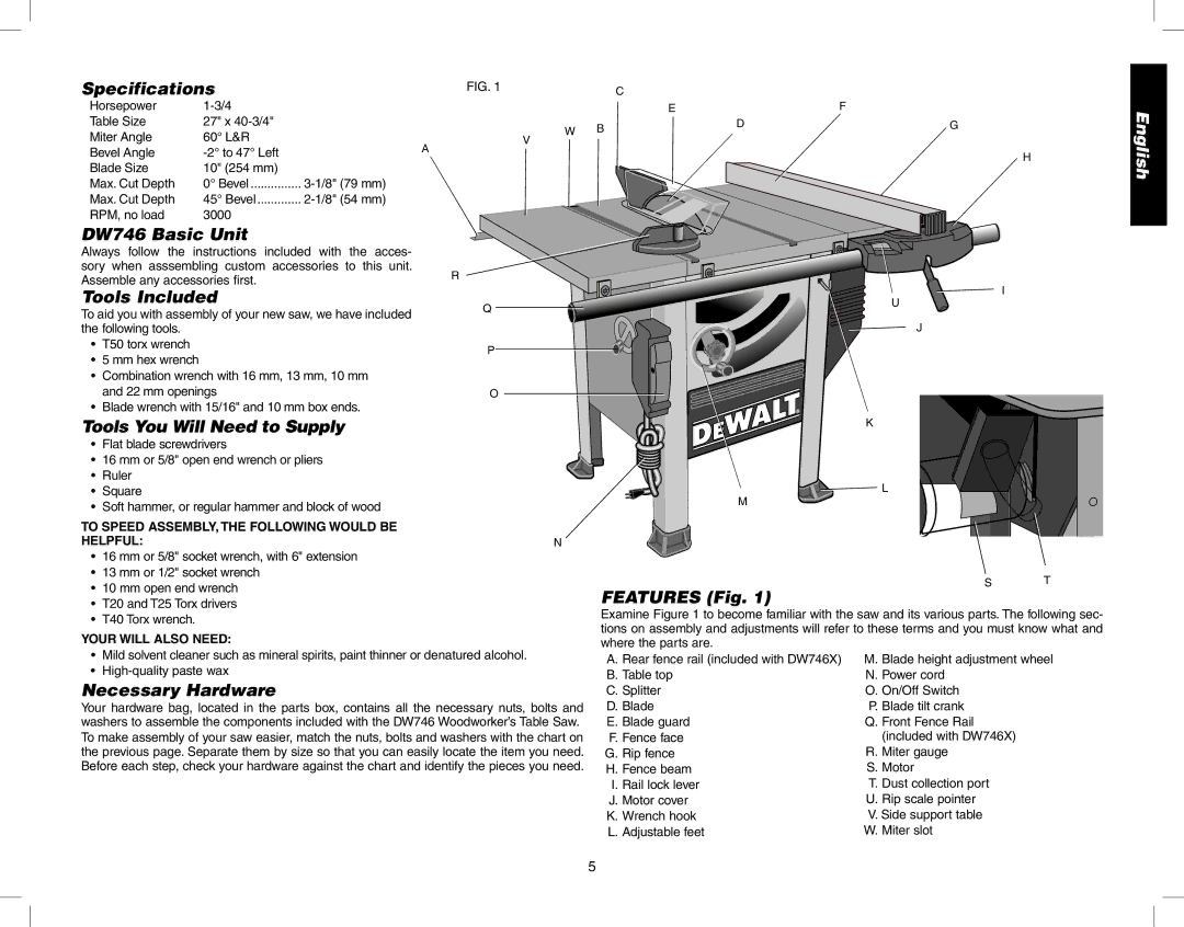 Epson Specifications, DW746 Basic Unit, Tools Included, Tools You Will Need to Supply, Features Fig, Necessary Hardware 