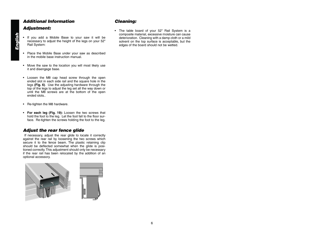 Epson DW7464 manual Additional Information Adjustment, Adjust the rear fence glide, Cleaning 