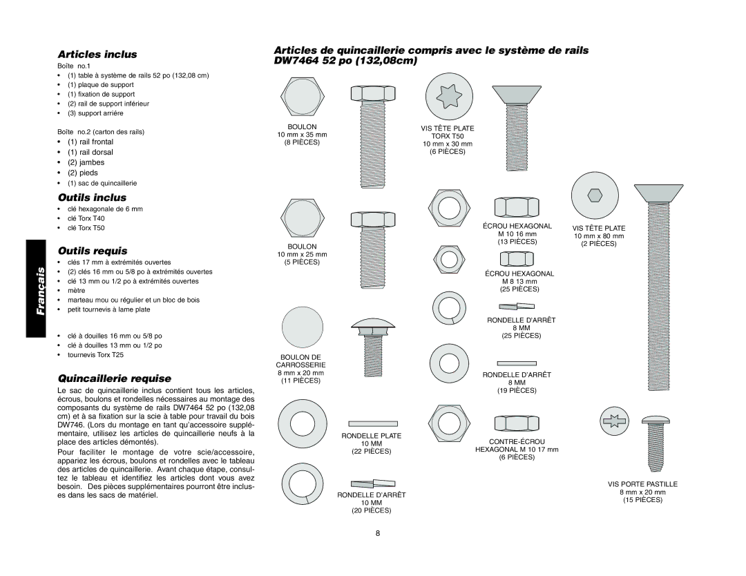 Epson DW7464 manual Articles inclus, Outils inclus, Outils requis, Quincaillerie requise 