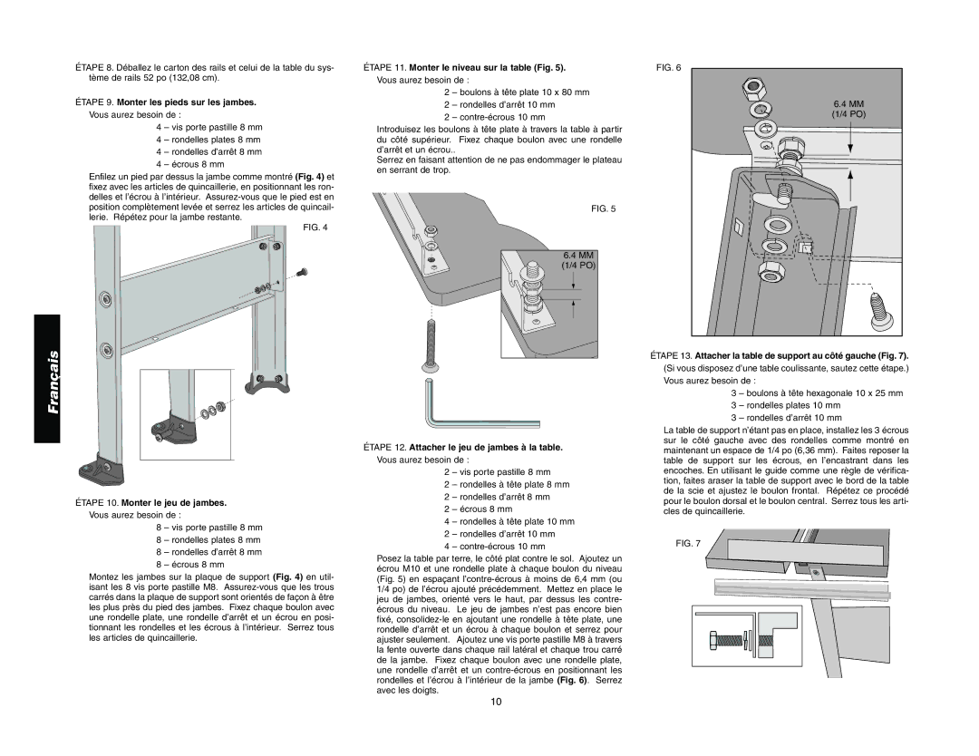 Epson DW7464 manual Étape 9. Monter les pieds sur les jambes, Étape 10. Monter le jeu de jambes 