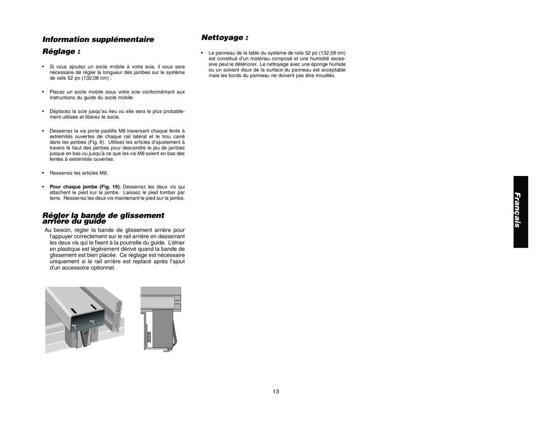 Epson DW7464 manual Information supplémentaire Réglage, Régler la bande de glissement arrière du guide, Nettoyage 