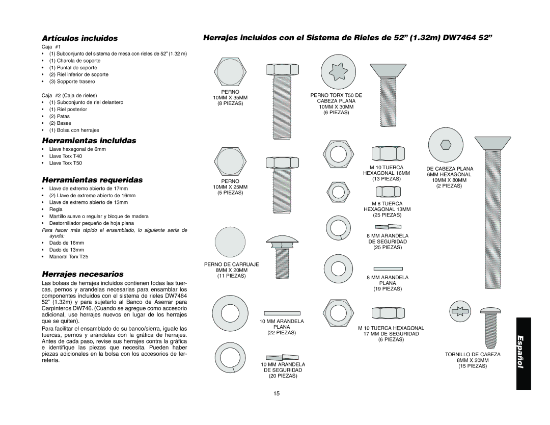 Epson DW7464 manual Artículos incluidos, Herramientas incluidas, Herramientas requeridas, Herrajes necesarios 