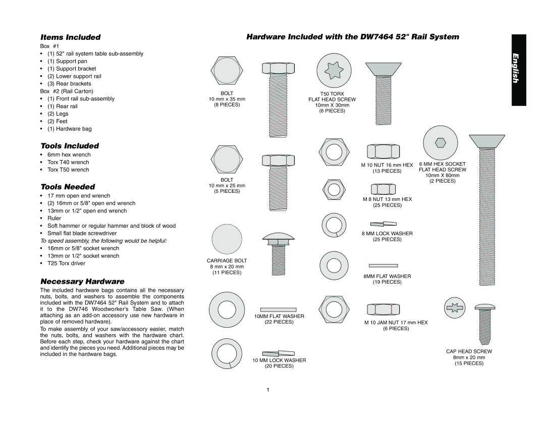 Epson manual Items Included, Hardware Included with the DW7464 52 Rail System, Tools Included, Tools Needed 