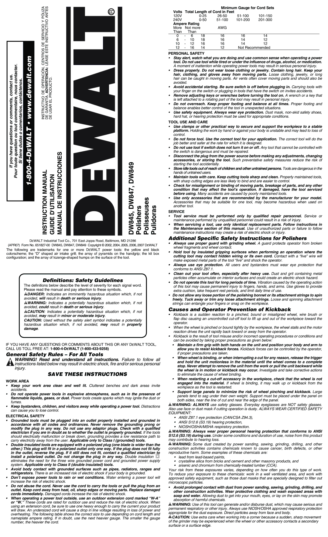 Epson DW847 instruction manual Definitions Safety Guidelines, General Safety Rules For All Tools 