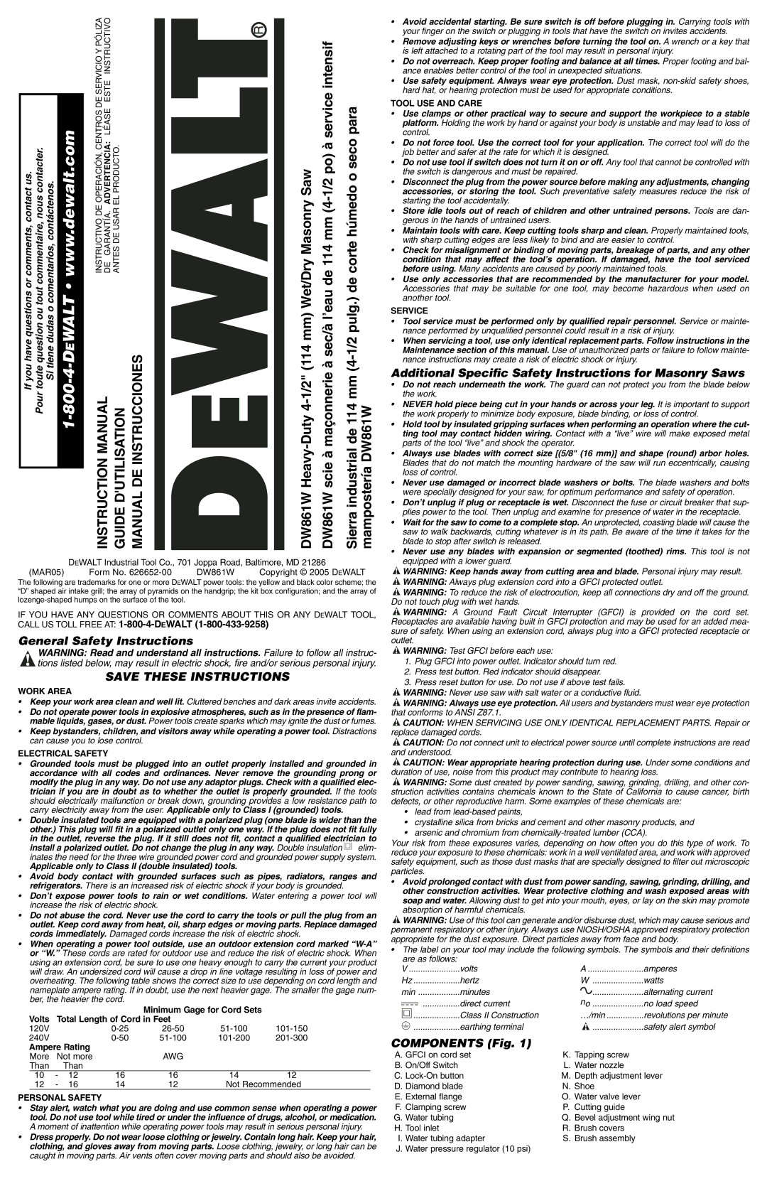 Epson DW861W instruction manual General Safety Instructions, Additional Specific Safety Instructions for Masonry Saws 