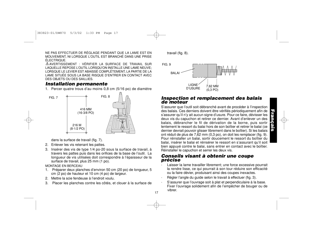 Epson DW870 manual Installation permanente, Inspection et remplacement des balais, De moteur 