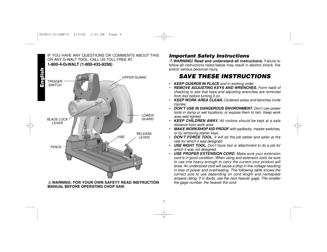 Epson DW870 manual Important Safety Instructions, Keep Guards in Place and in working order 