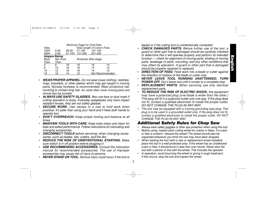 Epson DW870 manual Additional Safety Rules for Chop Saw, Do not Change the Plug in ANY WAY 