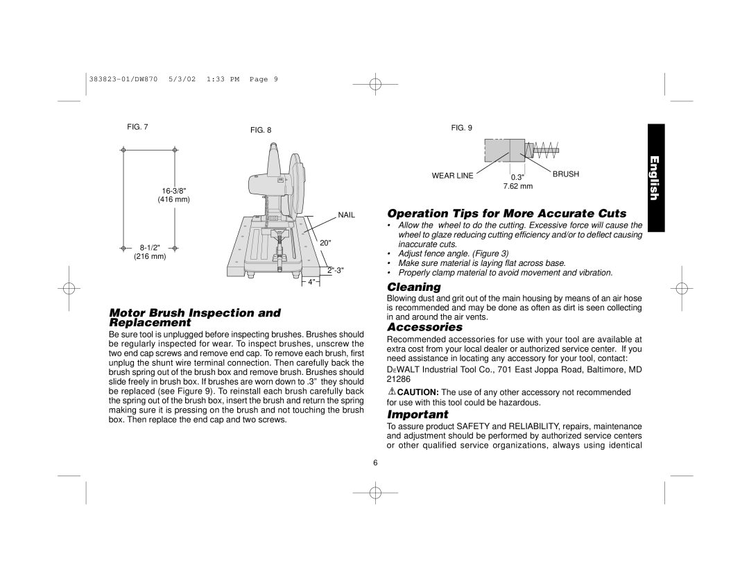 Epson DW870 manual Operation Tips for More Accurate Cuts, Motor Brush Inspection Replacement, Cleaning, Accessories 