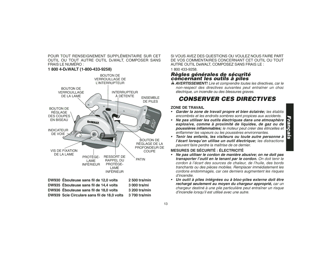 Epson DW935 Règles générales de sécurité concernant les outils à piles, Zone DE Travail, Mesures DE Sécurité Électricité 