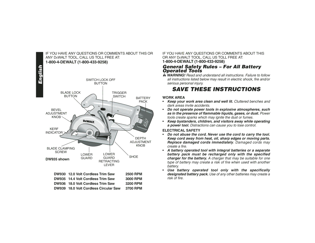 Epson DW935 instruction manual General Safety Rules For All Battery Operated Tools, Work Area, Electrical Safety 