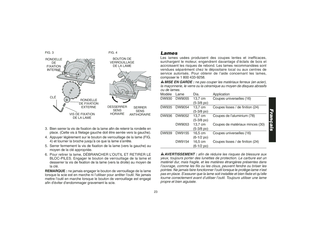 Epson DW935 instruction manual Lames 