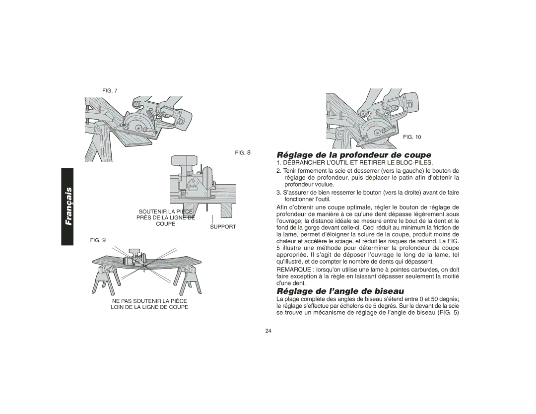 Epson DW935 instruction manual Réglage de la profondeur de coupe, Réglage de l’angle de biseau 