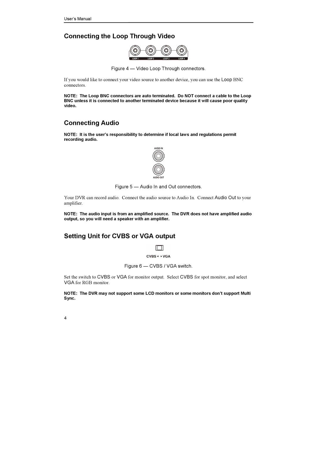 Epson DX-TL4E manual Connecting the Loop Through Video, Connecting Audio, Setting Unit for Cvbs or VGA output 