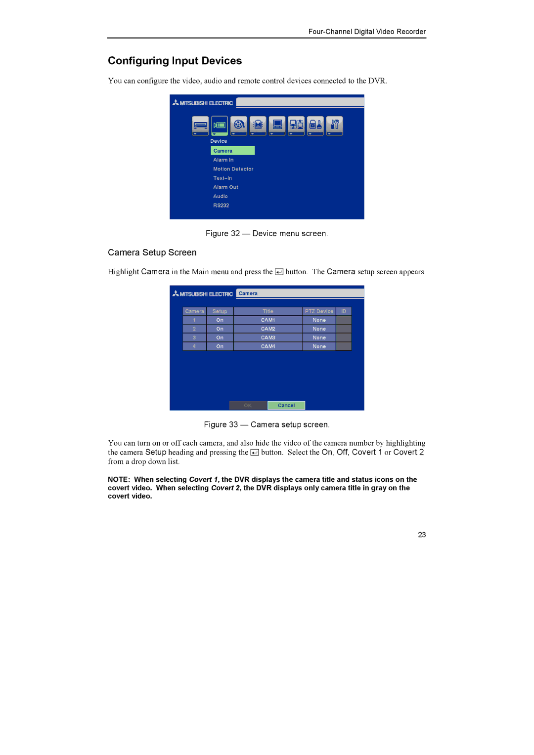 Epson DX-TL4E manual Configuring Input Devices, Camera Setup Screen 