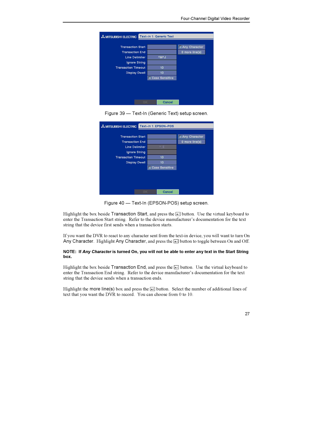 Epson DX-TL4E manual Text-In Generic Text setup screen 