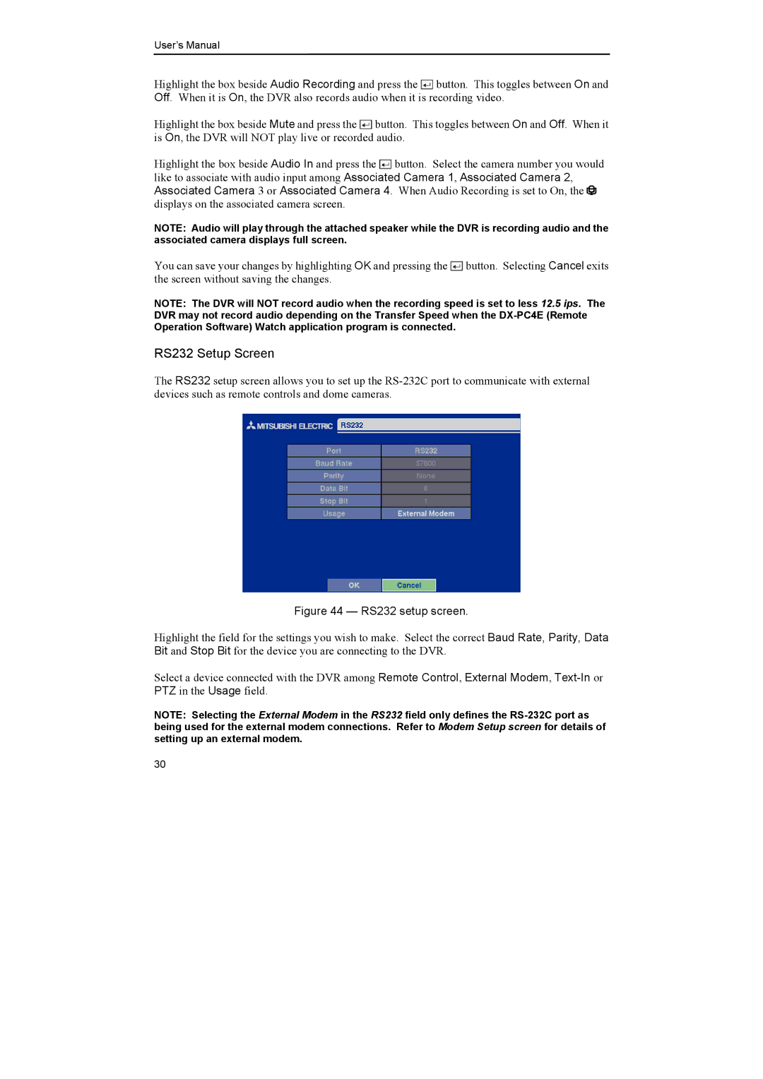 Epson DX-TL4E manual RS232 setup screen 